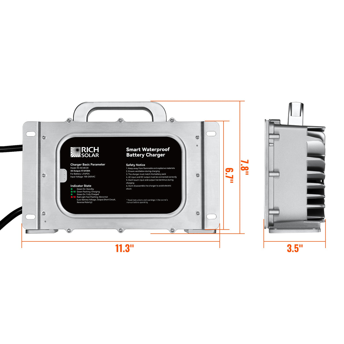 48V (57.6V) Waterproof LiFePO4 Charger | 20A / 25A,  100-240V AC, 8-in-1 Protection, Fan-Cooled