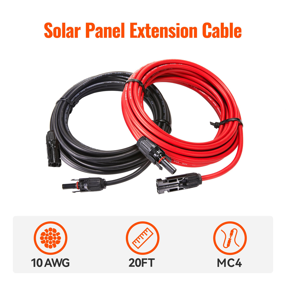 10 AWG Solar Panel Extension Cable Pair – Red & Black