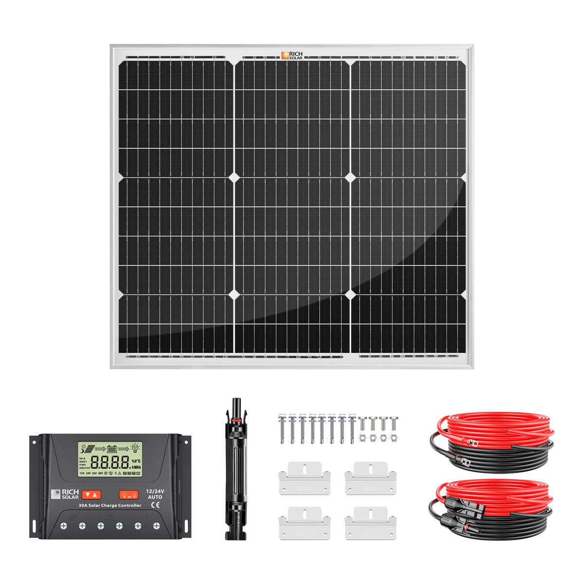 50 Watt Solar Kit | Includes 50W Solar Panel + 30A PWM Solar Controller + Wires and Brackets | DIY Complete Solar Kit without Batteries