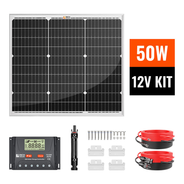 50 Watt Solar Kit | Includes 50W Solar Panel + 30A PWM Solar Controller + Wires and Brackets | DIY Complete Solar Kit without Batteries