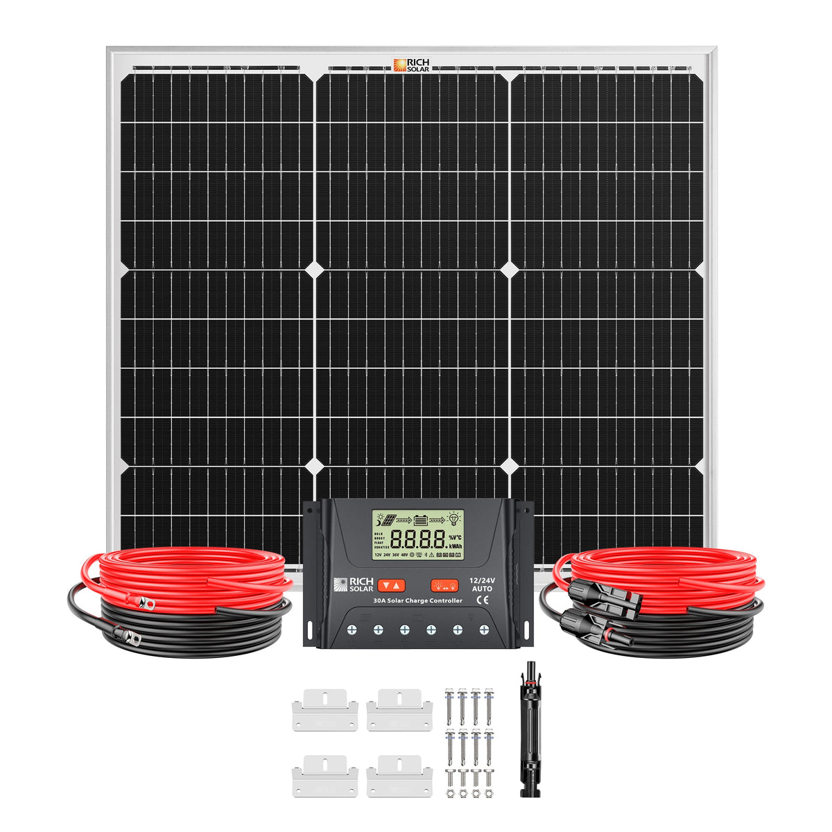 50 Watt Solar Kit | Includes 50W Solar Panel + 30A PWM Solar Controller + Wires and Brackets | DIY Complete Solar Kit without Batteries
