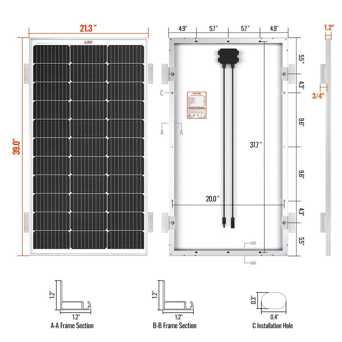 MEGA 100 – 100W 12V Solar Panel with 3/4 Z-Brackets