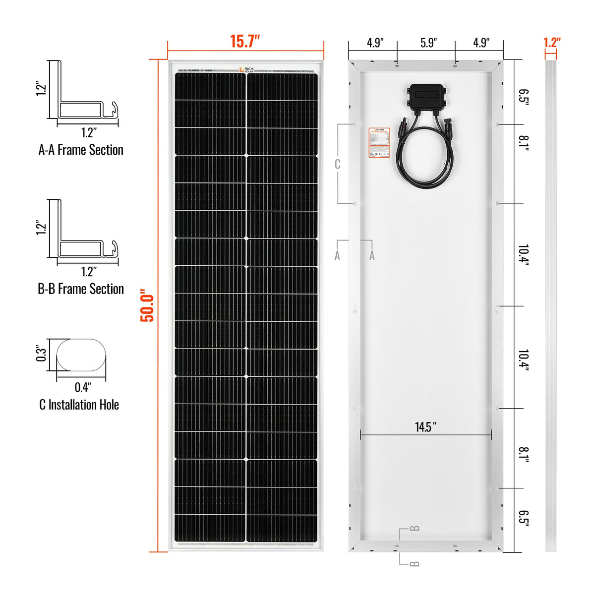 MEGA 100 Slim – 100W 12V Narrow Solar Panel
