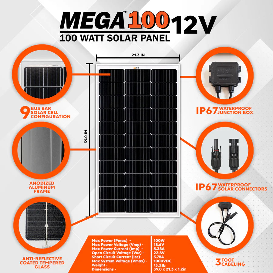 MEGA 100 Onyx – 100W 12V All-Black Solar Panel
