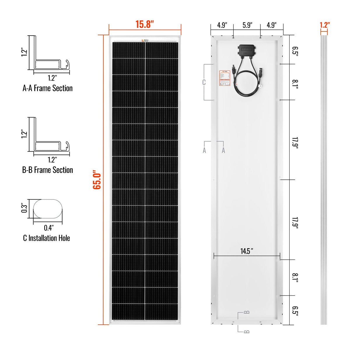 MEGA 130 Slim – 130W 12V Narrow Solar Panel