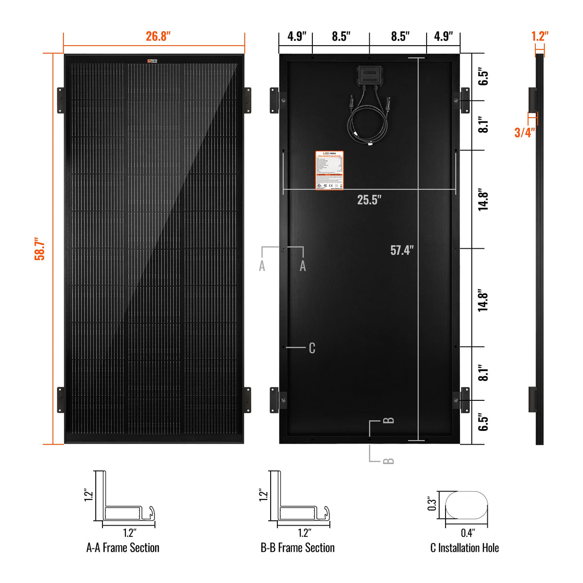 MEGA 200 Onyx – 200W 12V Black Solar Panel with 3/4 Z-Brackets